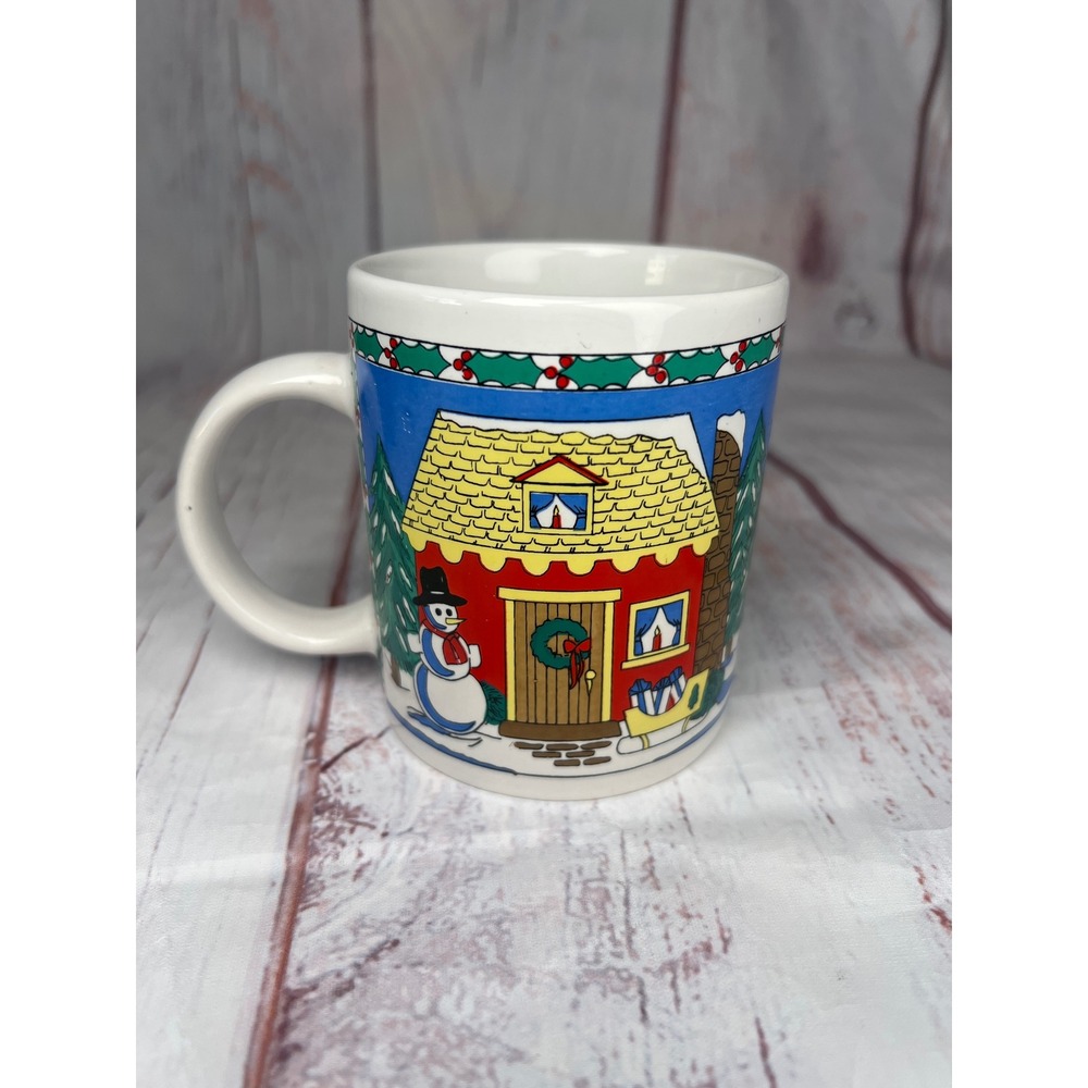 Christmas Mug Snowman House Trees Holiday Winter Coffee Cup Vintage 1990s - Picture 2 of 4